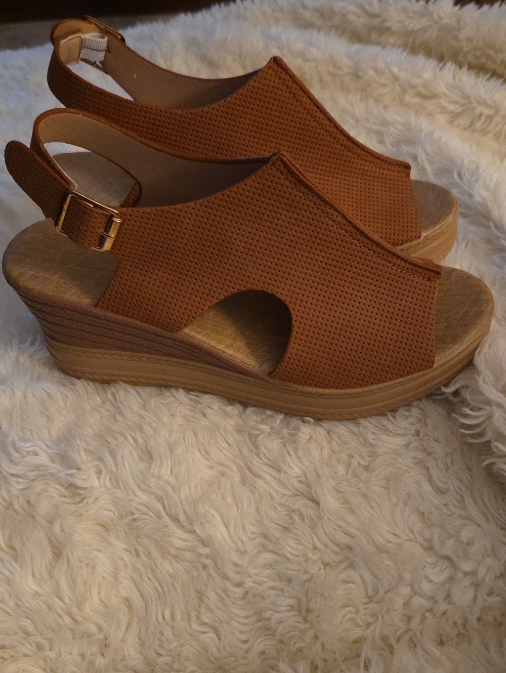 Women's Open-Toe Wedge Sandals in Cognac Tan - Adjustable Slingback